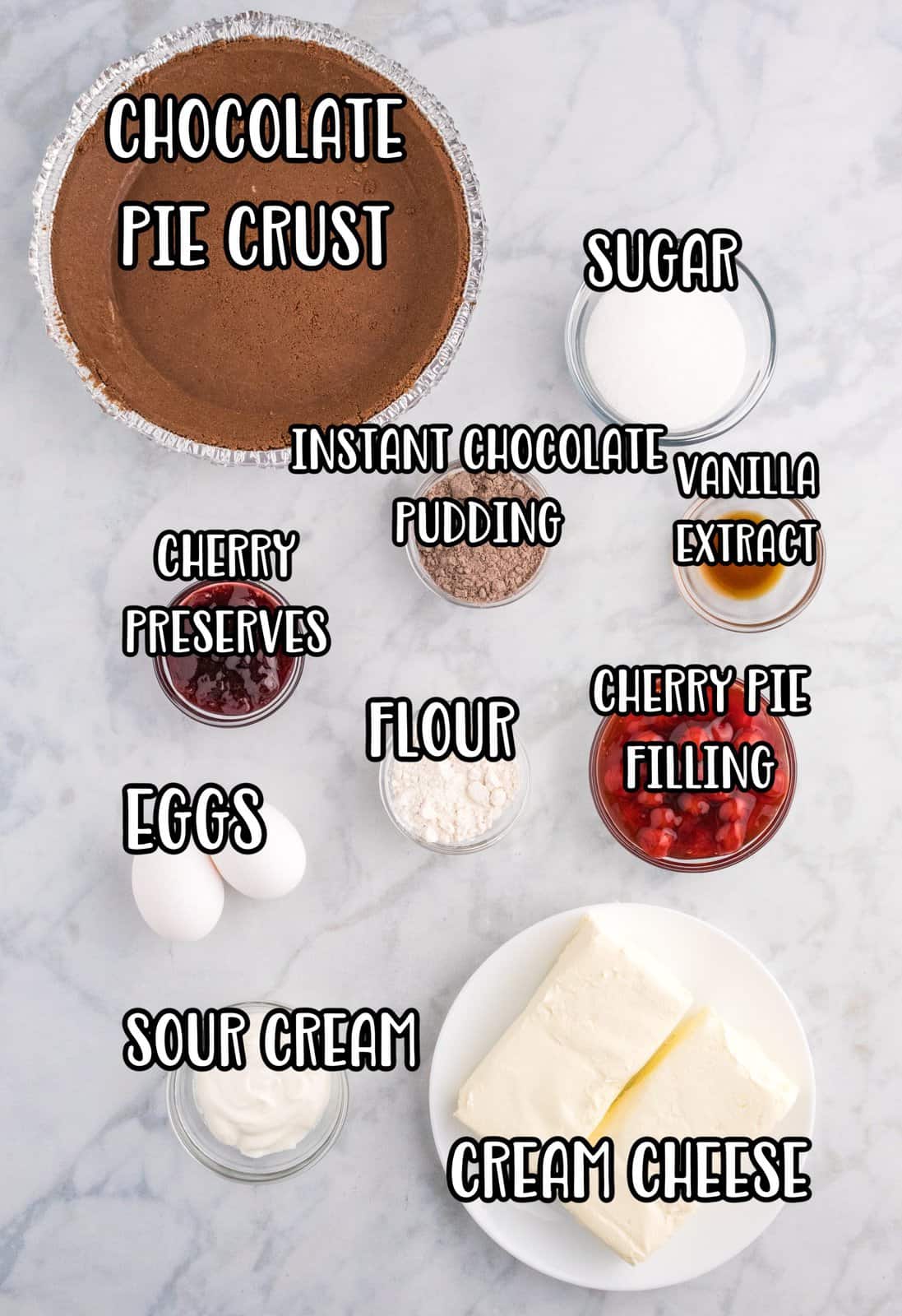 Chocolate pie crust, sour cream, cream cheese, sugar, eggs, flour, vanilla extract, chocolate pudding mix, cherry preserves, and cherry pie filling.