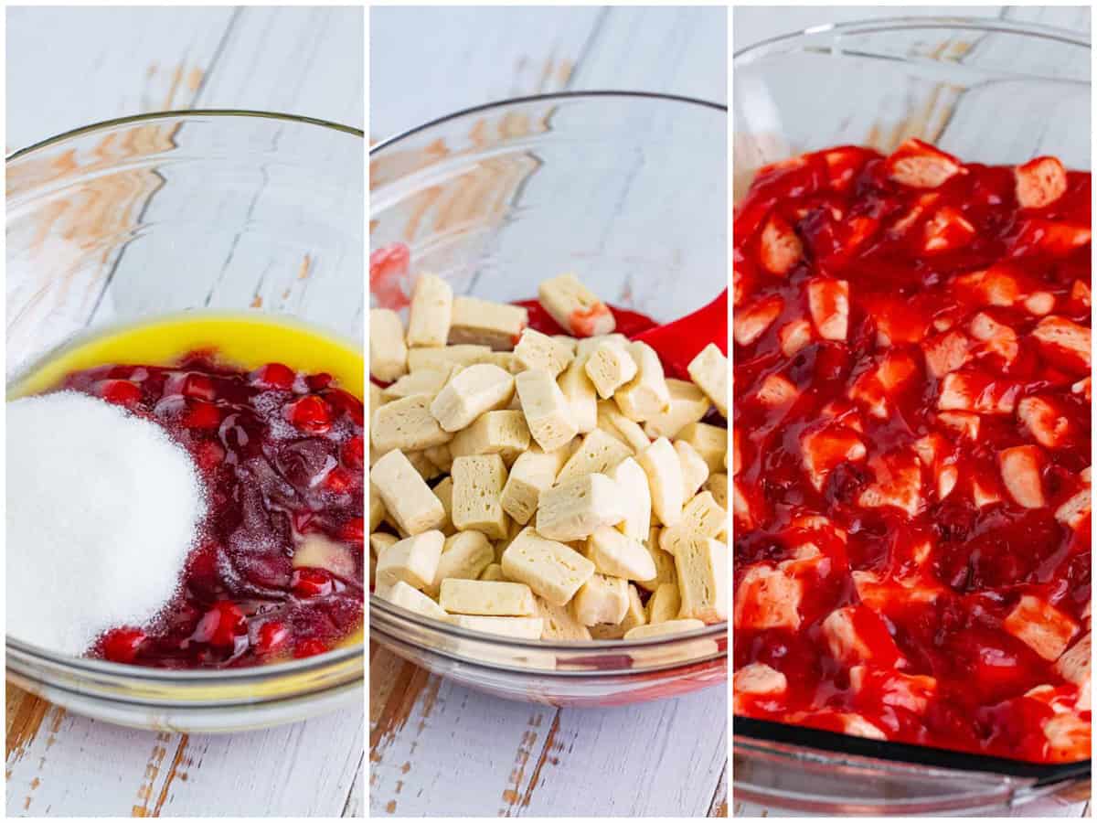 collage of three photos: cherry pie filling, melted butter, sugar and vanilla in a bowl; sliced biscuit pieces added to bowl; mixture spread into a baking dish. 