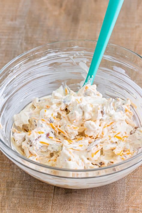 A mixing bowl with chicken, sour cream, ranch dressing, chopped bacon, and shredded cheddar cheese.