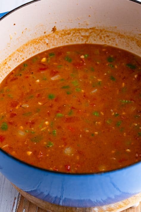 Tomatoes, Worcestershire, bay leaf, creole seasoning, paprika, salt, and pepper all added to the Etouffee sauce.