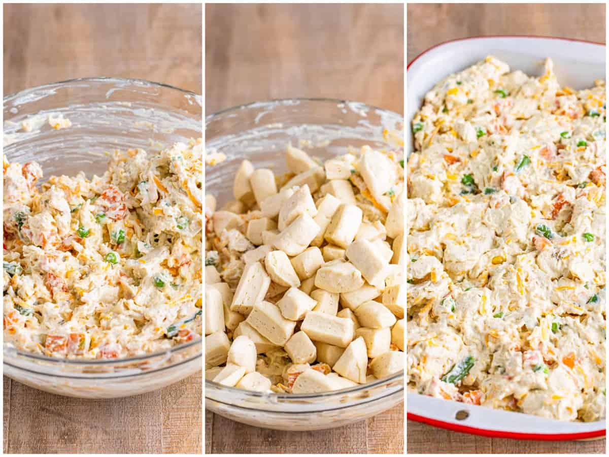 a collage of three photos: a mixing bowl with chicken, cream of chicken soup, sour cream, mixed vegetables, cheese, and poultry seasoning; diced biscuits added to mixture; mixture spread out into a baking dish. 