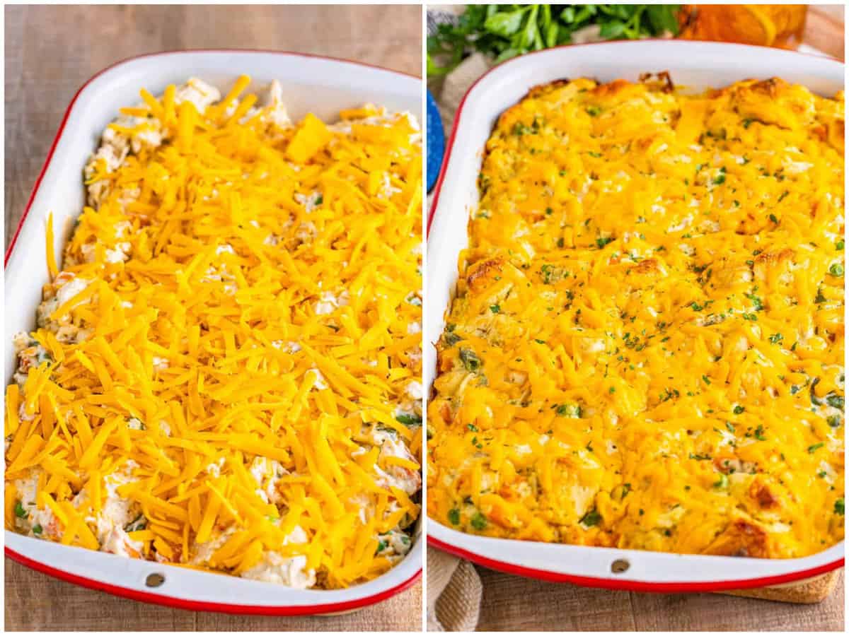 collage of two photos: shredded cheese on top of casserole; fully baked casserole with melted cheese on top.