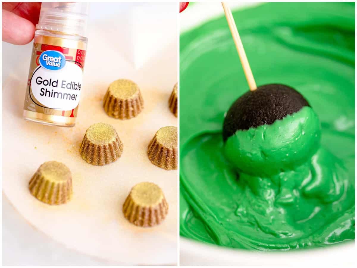 collage of two photos: gold painted mini Reese's cups; green candy melted with a cookie ball being dipped in it.