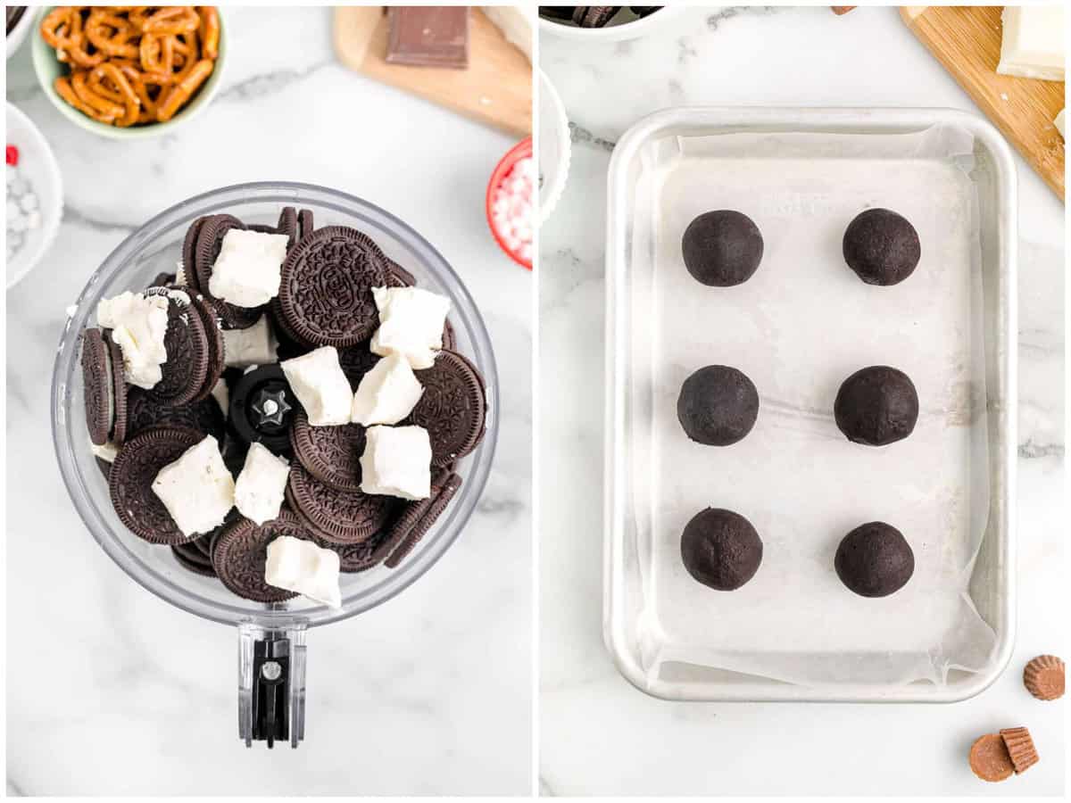 collage of two photos: Oreo cookies and cream cheese in a food processor; Parchment lined baking sheet with Oreo cookie balls.