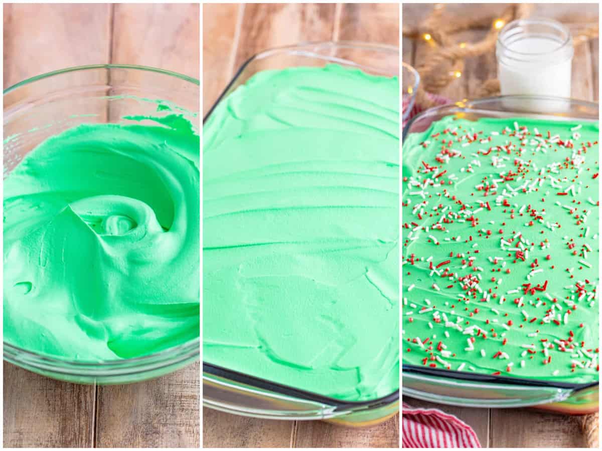 collage of three photos: green food coloring mixed in with whipped topping; green whipped topping spread on top of red velvet cake; red and white sprinkles on top of finished cake. 