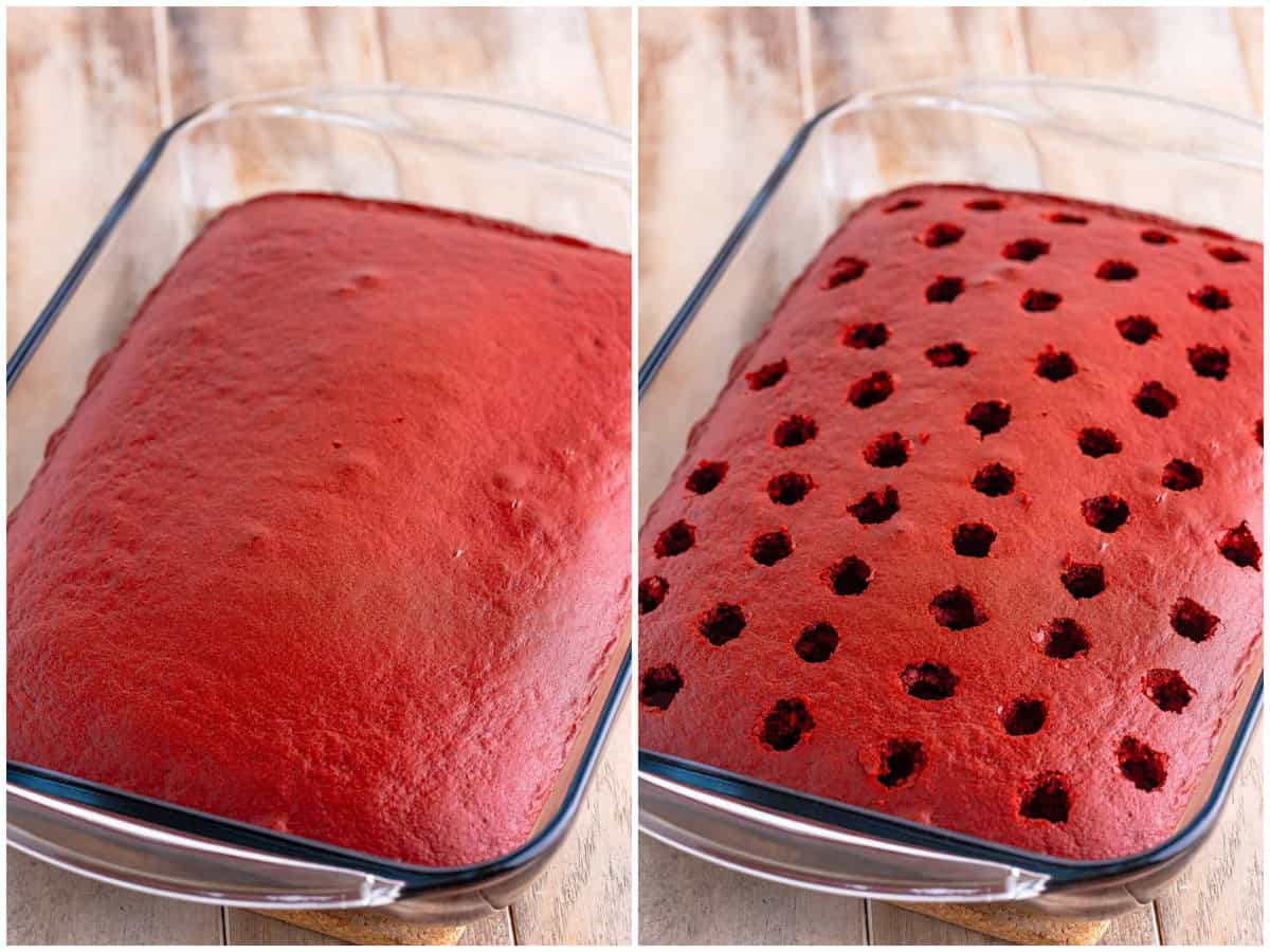 collage of two photos: baked red velvet cake in baking dish; holes poked into red velvet cake. 