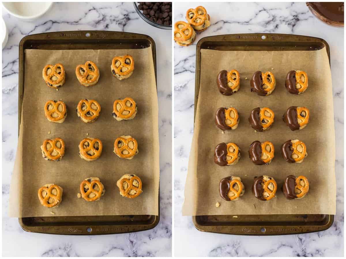 collage of two photos: cookie dough bites sandwiched in between pretzels; cookie dough pretzel bites dipped in chocolate. 