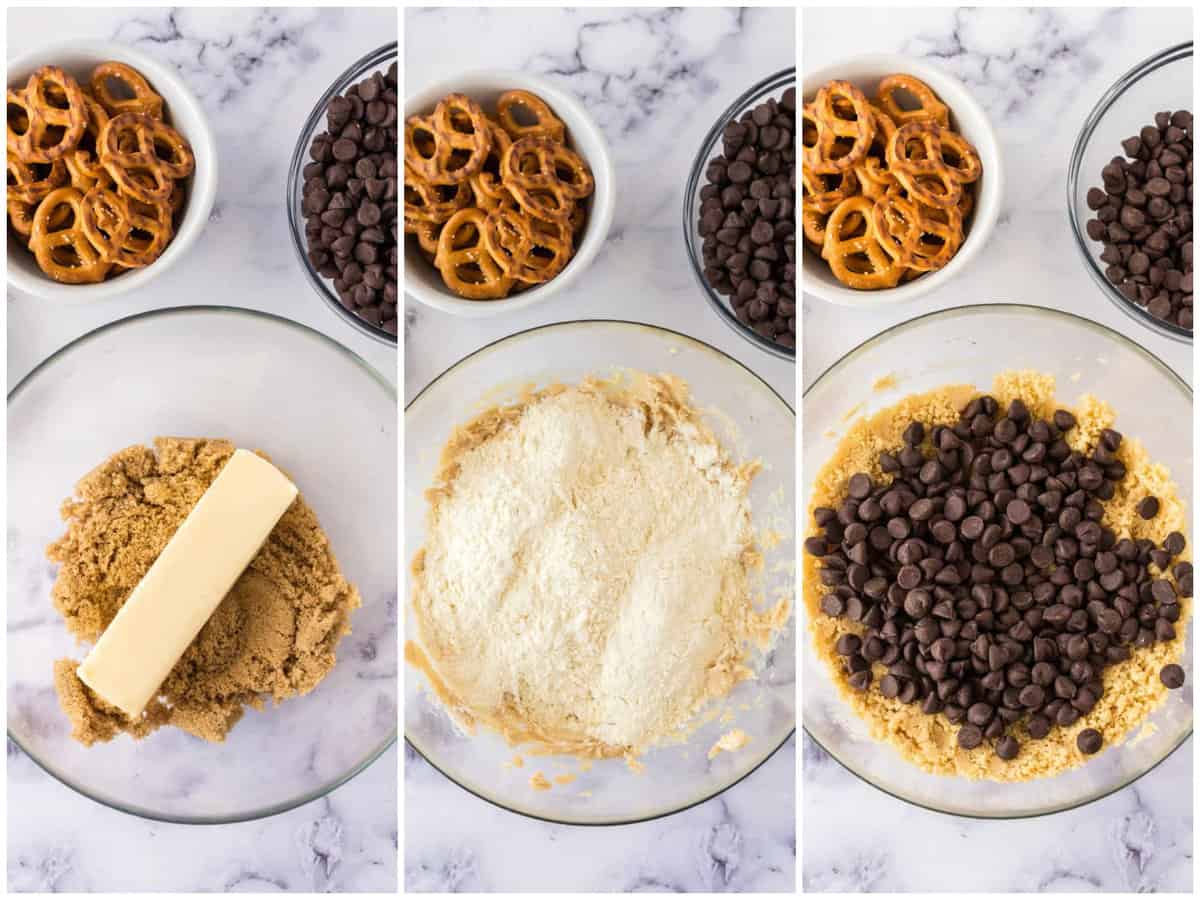 collage of three photos: a mixing bowl with brown sugar and butter; flour added to brown sugar mixture; chocolate chips added to cookie dough. 