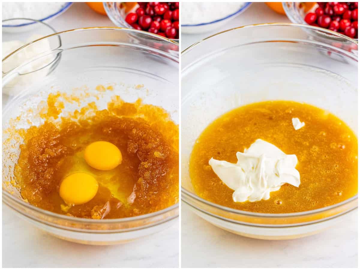 collage of two photos: eggs, oil, and brown sugar in a bowl; sour cream added to bowl with brown sugar mixture. 