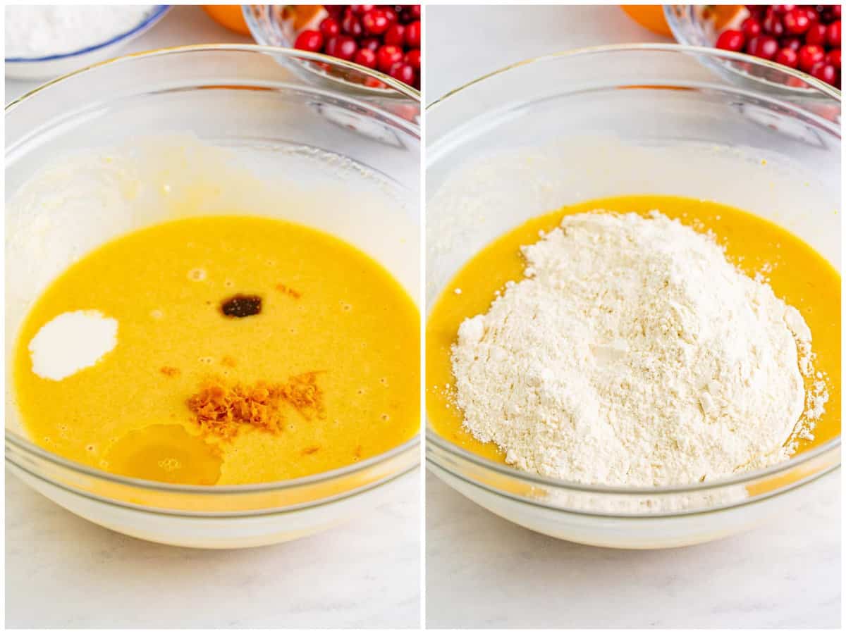 collage of two photos: orange zest, orange juice, milk, and vanilla extract added to large bowl with brown sugar mix; flour added into bowl.