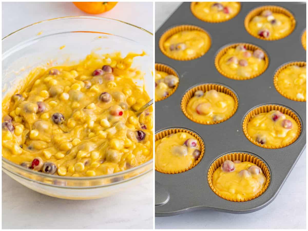 collage of two photos: cranberries and white chocolate chips added to batter; muffin batter spooned into muffin tin.
