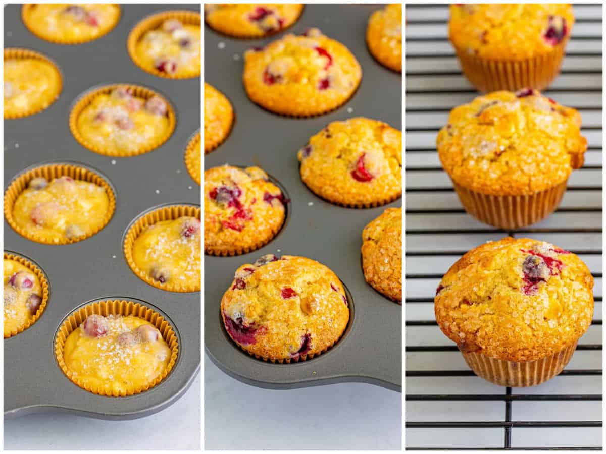 collage of three photos: coarse sugar on top of muffin batter; fully baked muffins in muffin tin, muffins removed from the muffin tin and on to a cooling rack. 