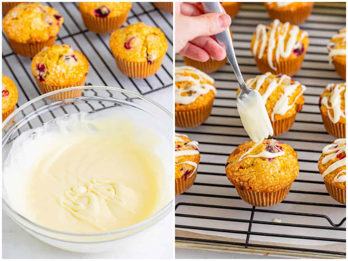 collage of two photos: fully mixed cream cheese glaze in a bowl; a fork drizzling glaze on top of all the baked muffins. 