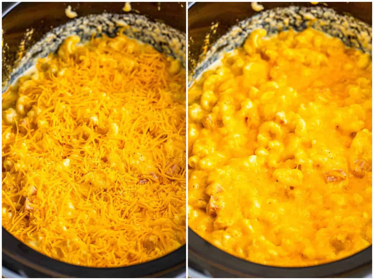 collage of two photos: shredded cheesed on top of cooked ham Mac and cheese; fully melted cheese shown on top. 