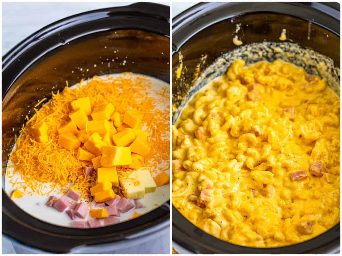 collage of two photos: a crock pot with ham, macaroni, milk, evaporated milk, 3 cups of shredded cheddar cheese, Velveeta, butter, salt, pepper, and ground mustard in it; mixture after it has cooked for several hours.