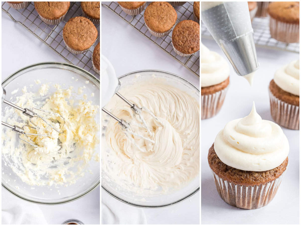 collage of three photos: cream cheese and butter being mixed in a bowl; powdered sugar and eggnog added to bowl; piping frosting onto gingerbread cupcake.