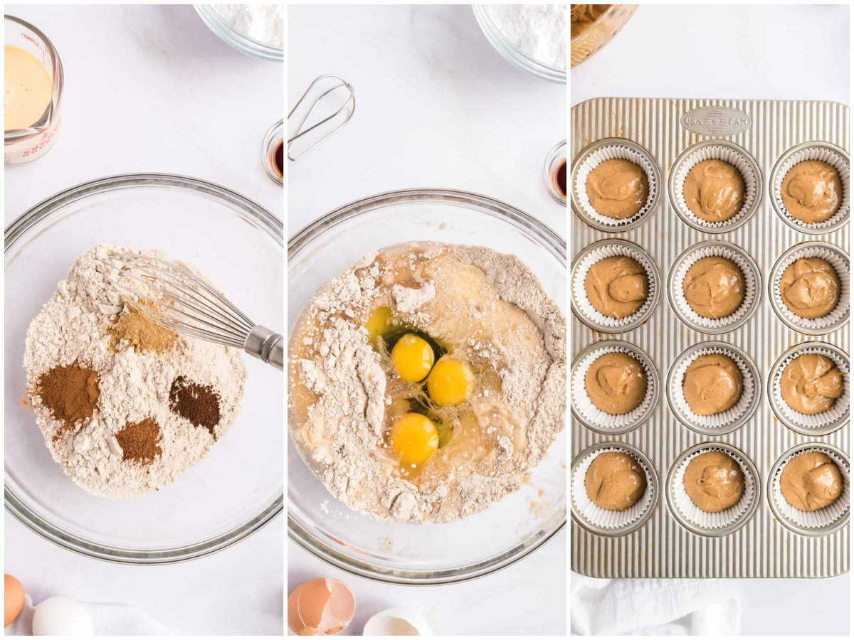 collage of three photos: cake mix with spices in a bowl; egg, molasses and oil added to the bowl; cupcake batter evenly divided into cupcake tin.