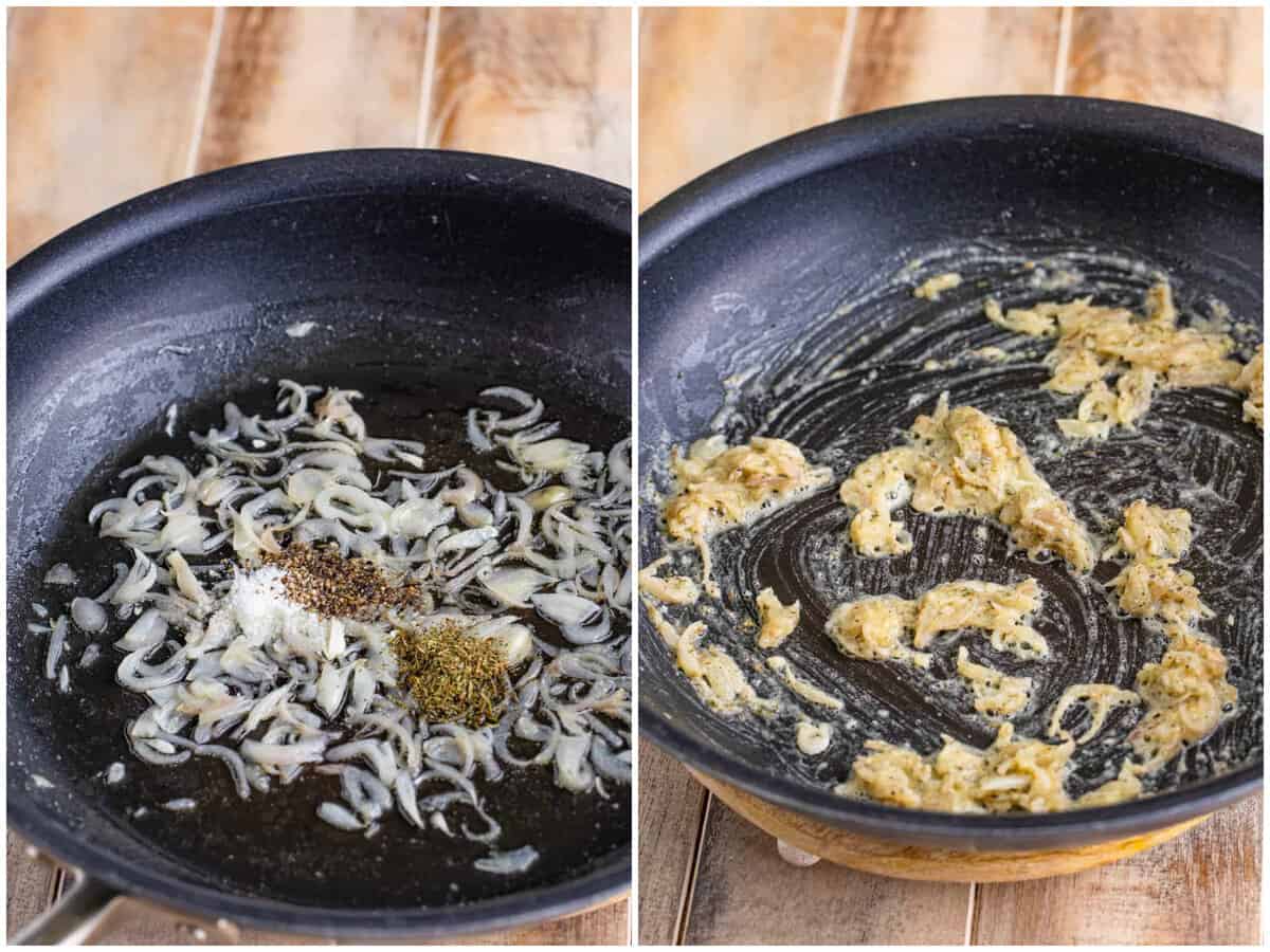 collage of two photos: sliced shallots and seasonings in a skillet; flour whisked in with shallots in the skillet. 