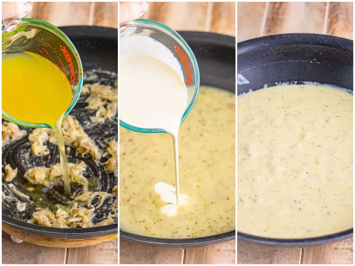collage of three photos: pouring chicken broth into the skillet; heavy cream being poured in the skillet; cream sauce bubbling and thickening. 
