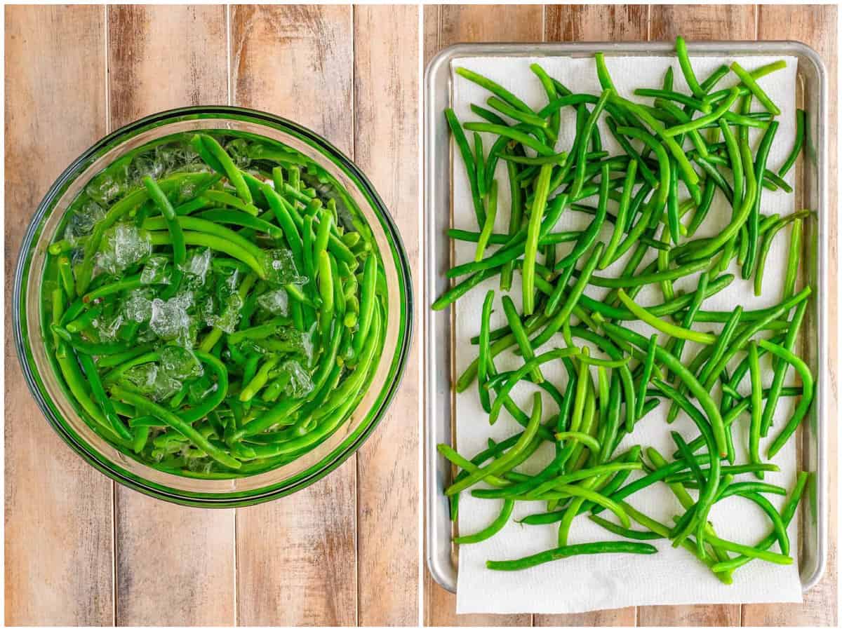 collage of two photos: green beans in ice water bath; green beans drying on a paper towel. 