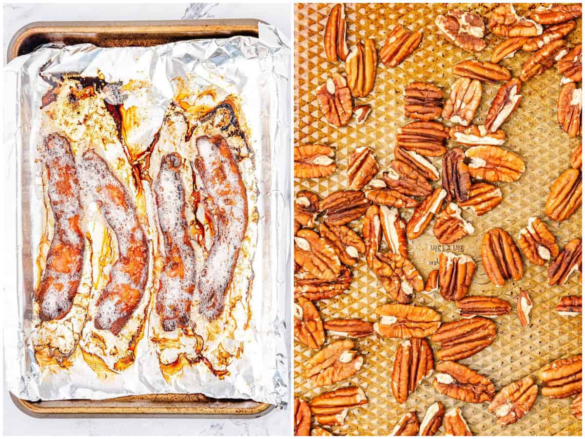 collage of two photos: cooked bacon on a baking sheet; pecans shown being toasted on a separate baking sheet. 