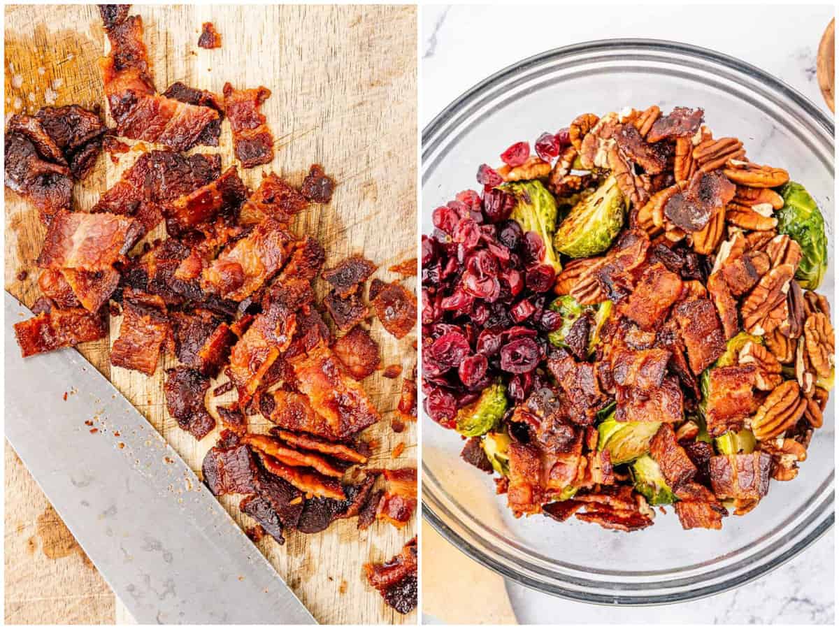 collage of two photos: chopping up bacon on a cutting board; Roasted Brussels sprouts, cranberries and pecans added to a bowl. 