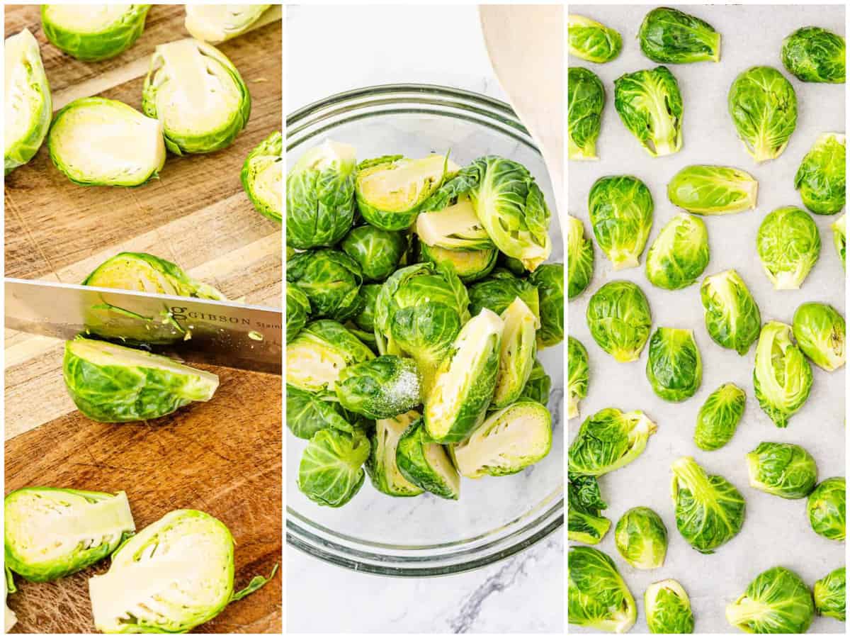 collage of three photos: a knife cutting a brussels sprout in half; brussels sprouts in a bowl with salt and oil; brussels sprouts laid out on a baking sheet. 