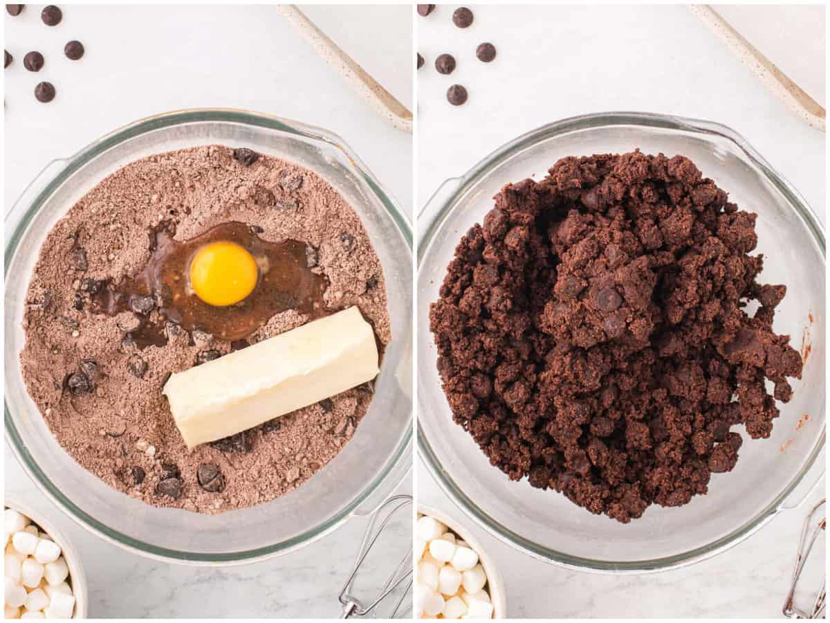 collage of two photos: A mixing bowl with sugar cookie mix, cocoa powder, egg, and butter; A thick chocolate cookie dough.