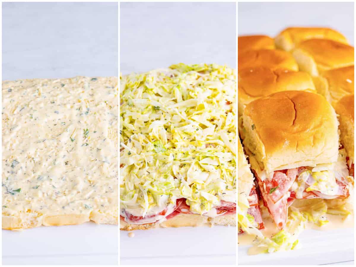 collage of three photos: dressing spread on bottom buns; meats, cheese and toppings added on top of buns; top buns added onto sandwiches. 