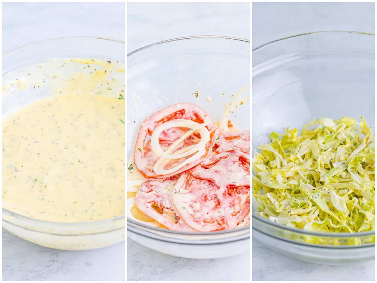 collage of three photos: prepared dressing in a bowl; dressing coating sliced tomatoes and onions in a separate bowl; dressing covered shredded lettuce in another bowl. 