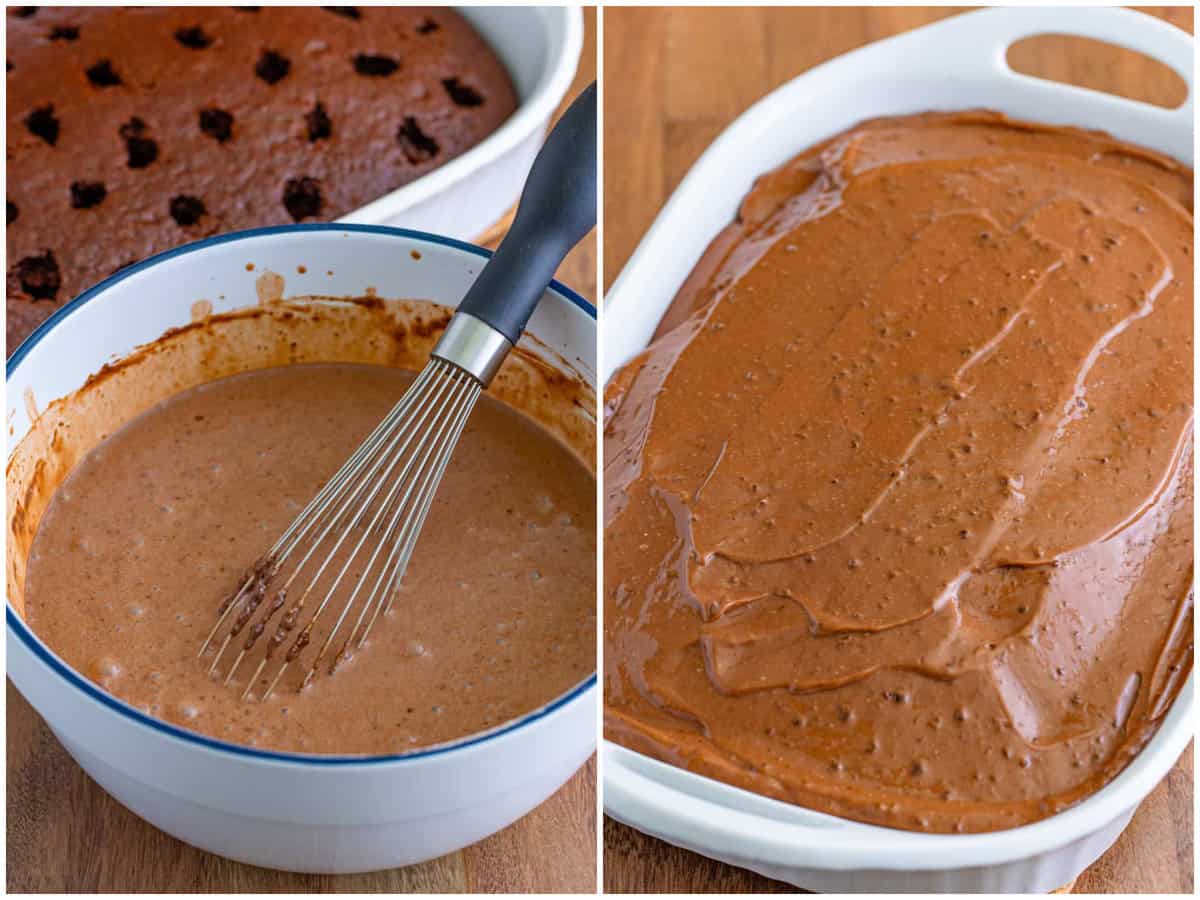 collage of two photos: chocolate pudding and milk whisked together in a bowl; chocolate pudding mixture poured onto chocolate cake. 