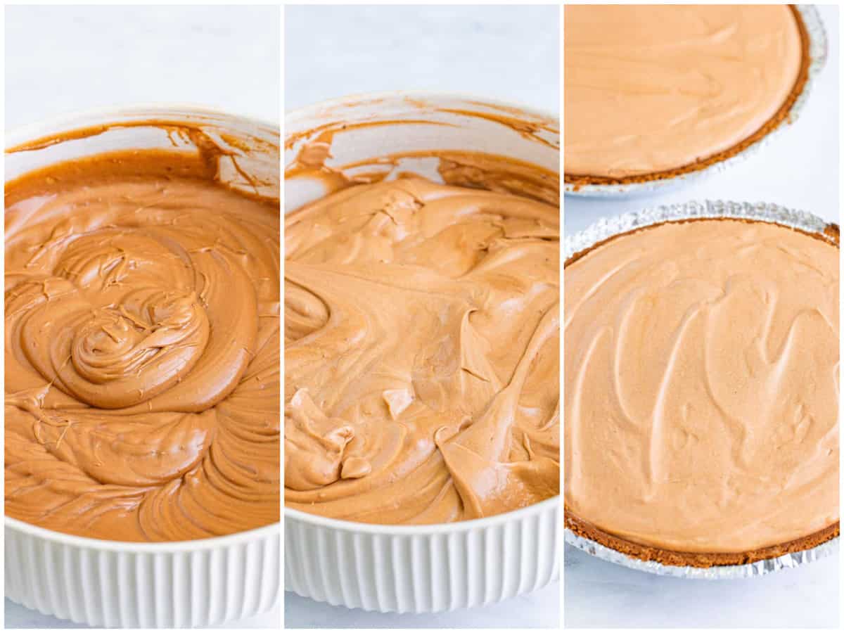 collage of three photos: peanut butter mixture mixed in with the chocolate pudding mixture; whipped topping mixed into the pudding; pudding mixture poured into chocolate pie crusts.