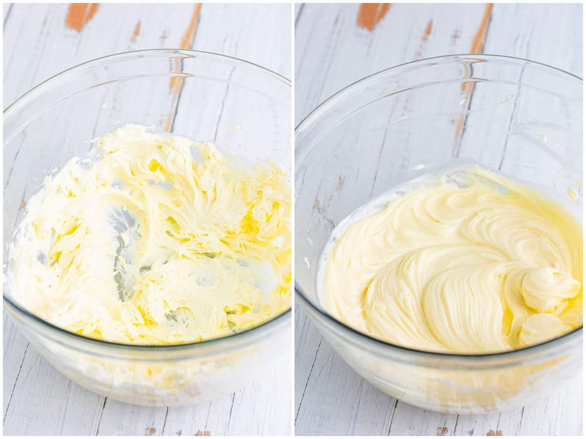 collage of two photos: cream cheese and butter being mixed together; powdered sugar and vanilla extract added and mixed. 