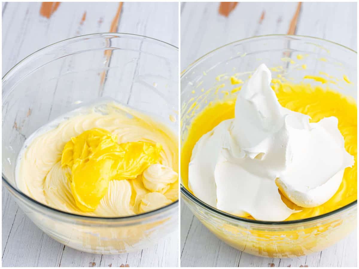 collage of two photos: vanilla pudding added to cream cheese mixture; Cool Whip added to pudding mixture.