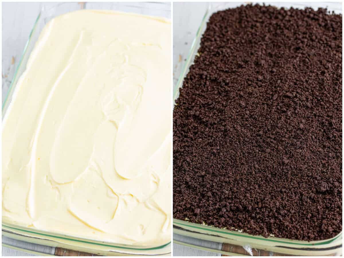 collage of two photos: pudding filling added to baking dish; crushed Oreo Cookies sprinkled on top of filling. 