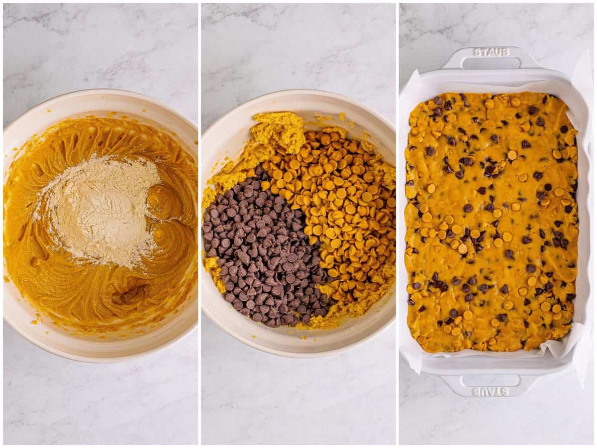 collage of three photos: adding flour to the bowl of peanut butter mixture; peanut butter chips and chocolate chips added to the bowl; peanut butter chocolate chip cookie batter spread int oa baking dish. 