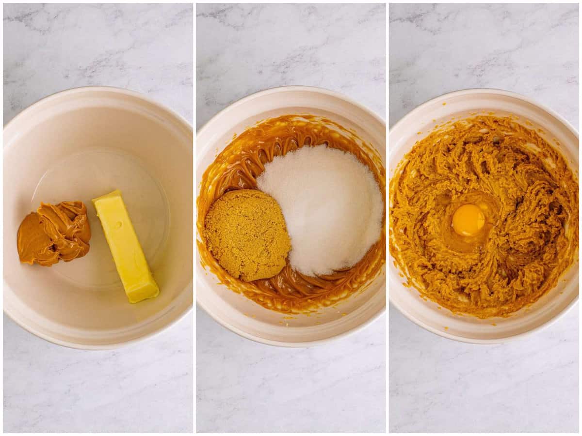 collage of three photos: butter and peanut butter in a bowl; sugar and brown sugar added to the bowl; egg added to the bowl.