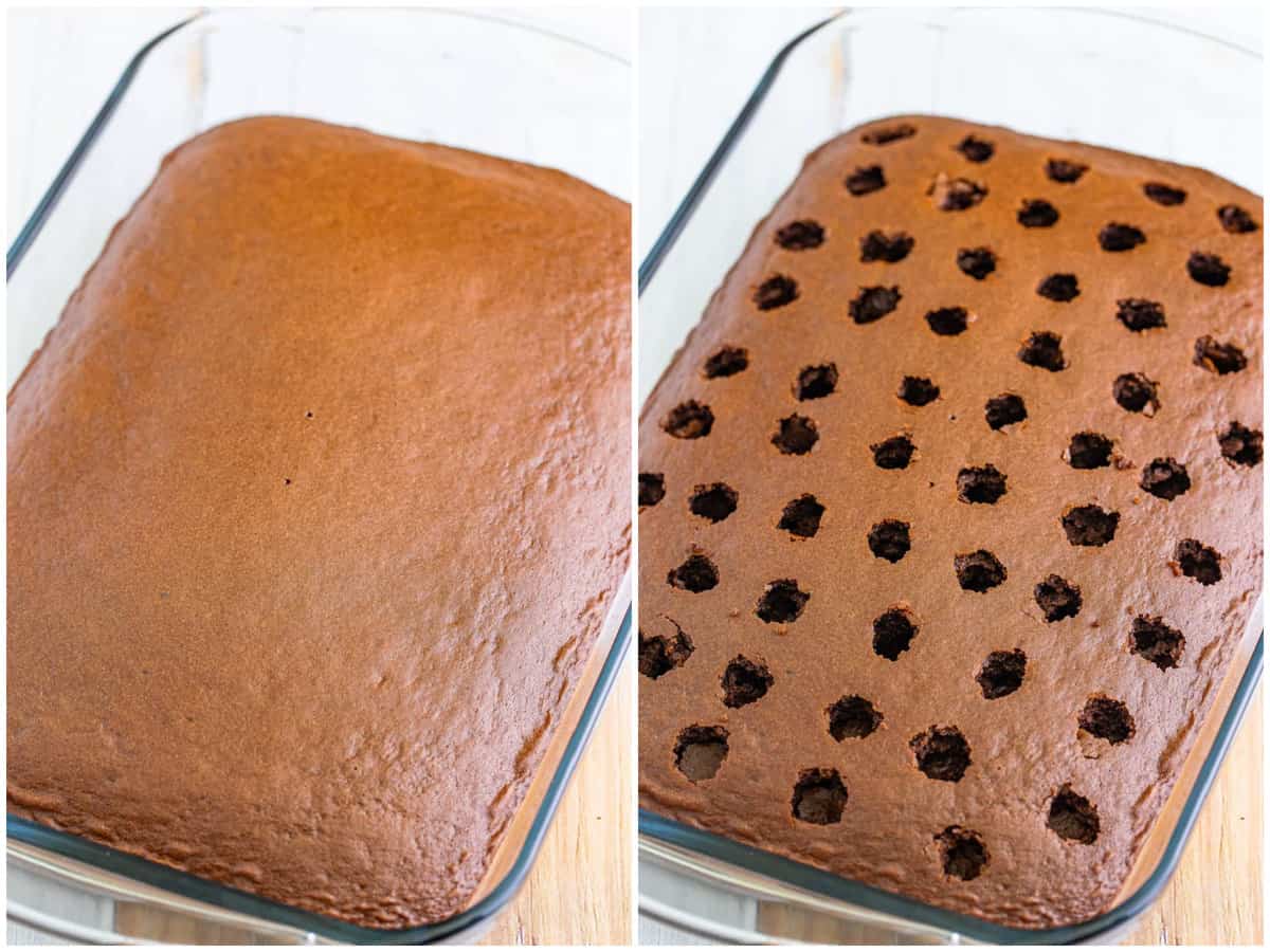 collage of two photos: fully baked chocolate cake in a baking dish; poked holes into chocolate cake. 