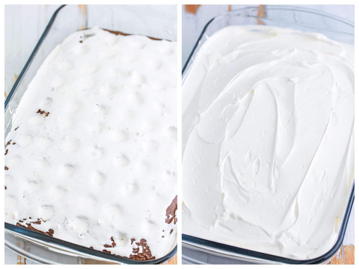 collage of two photos: marshmallow fluff mixture spread on top of cake and into holes; whipped topping spread on top of cake. 