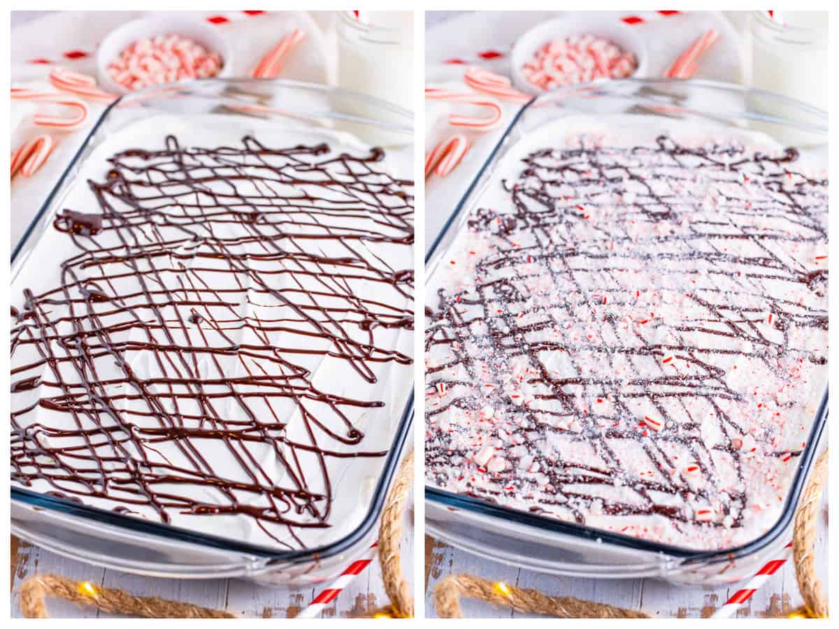 collage of two photos: chocolate sauce drizzled on top of cake; crushed peppermints sprinkled on top of cake. 