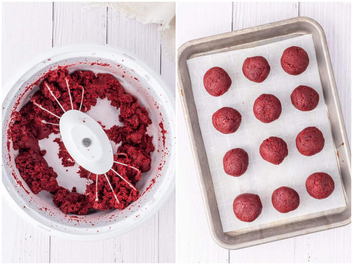collage of two photos: red velvet cake crumbles and cream cheese frosting being mixed in a stand mixer; red velvet cake balls put onto a parchment paper lined baking sheet. 