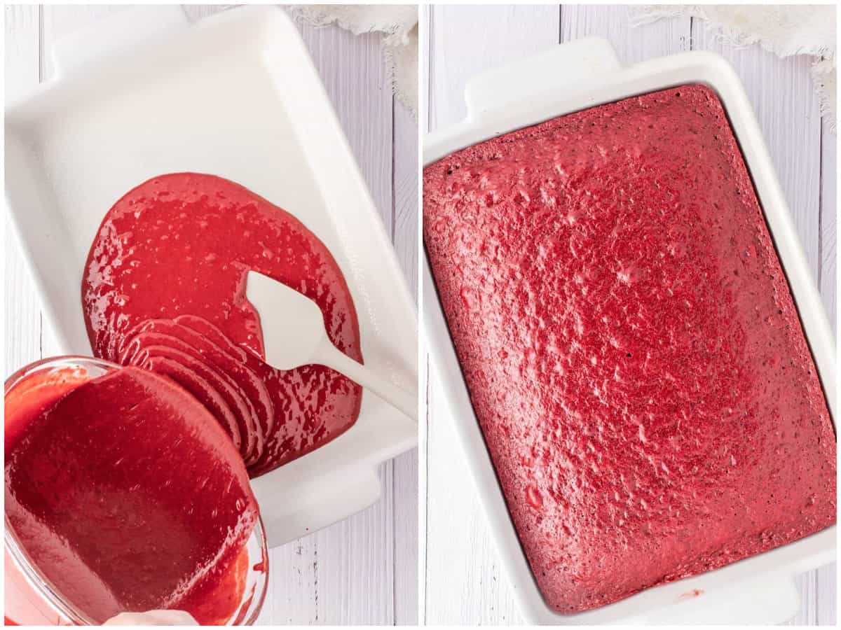 collage of two photos: cake mix being poured in a baking pan; fully baked red velvet cake in pan. 