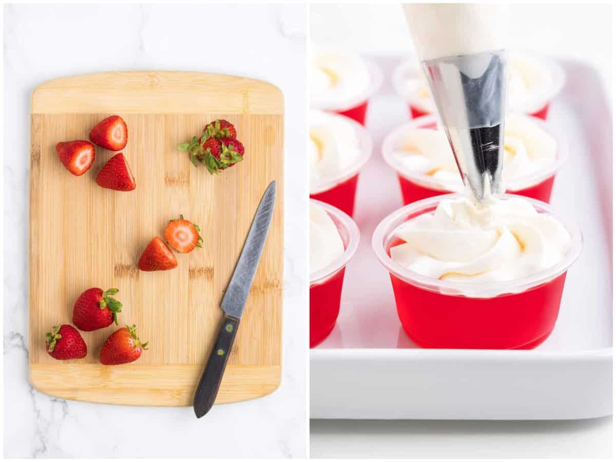 collage of two photos: sliced strawberries on a cutting board; a piping bag piping whipped cream on a Jell-O shot. 
