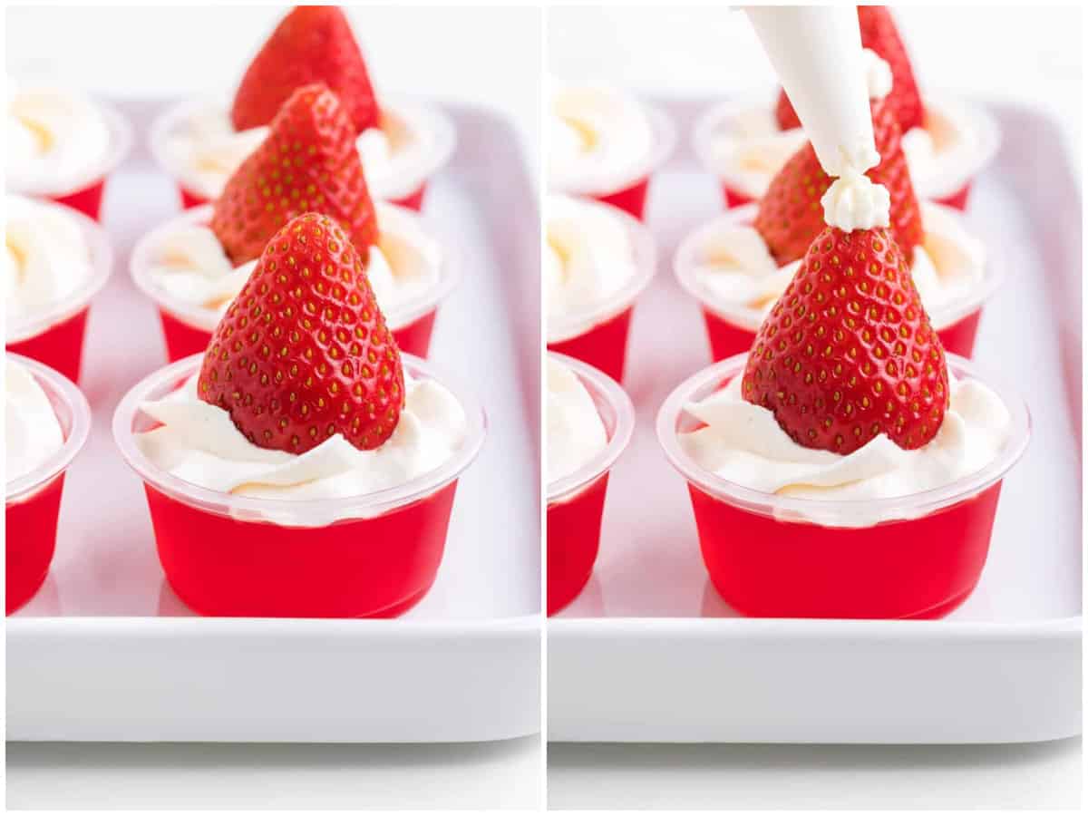 collage of two photos: strawberry placed on top of whipped cream; piping bag piping whipped cream to the pointed end of the strawberry. 