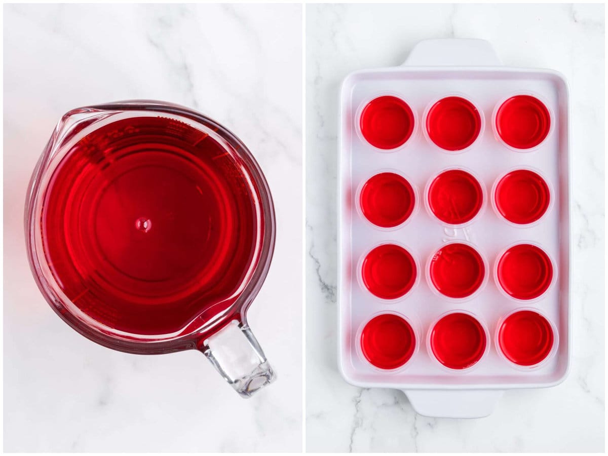 collage of two photos: boiling water, Jell-O, cold water and Vodka in a measuring cup with a spout; liquid Jell-O poured into all the shot cups. 
