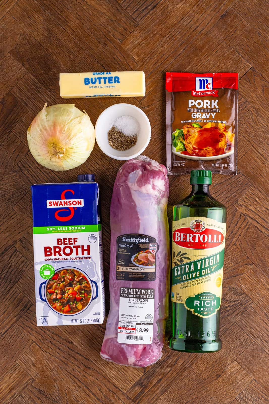 Pork tenderloin, olive oil, butter, gravy packet, onion, salt, and pepper.