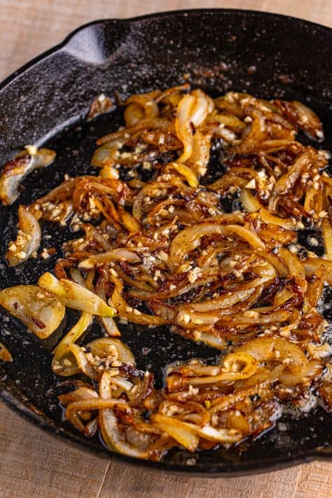 Garlic and onions in a skillet.