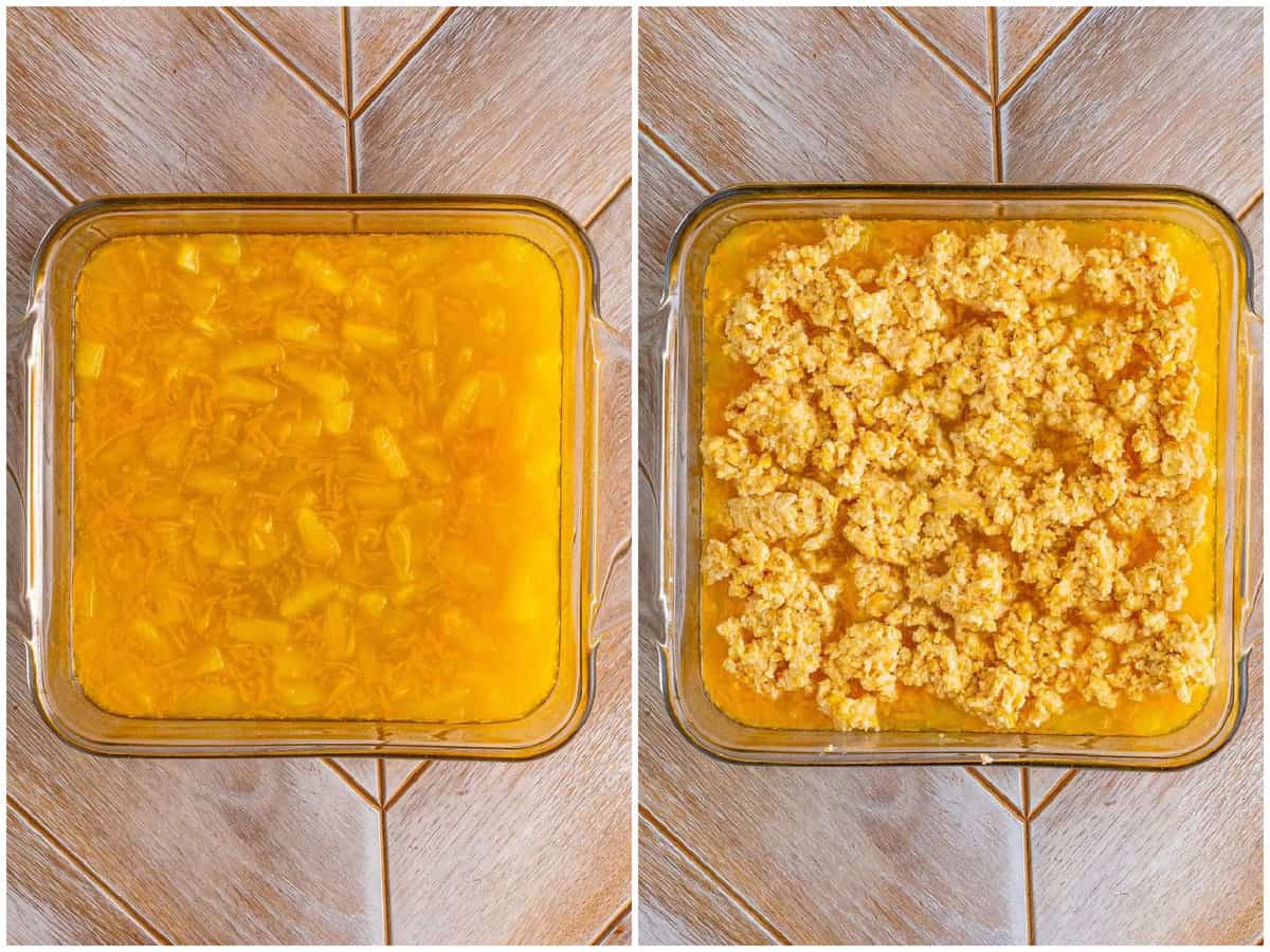 collage of two photos: pineapple gelatin mixture in a baking dish; raise cracker topping sprinkled on top of pineapple mixture. 