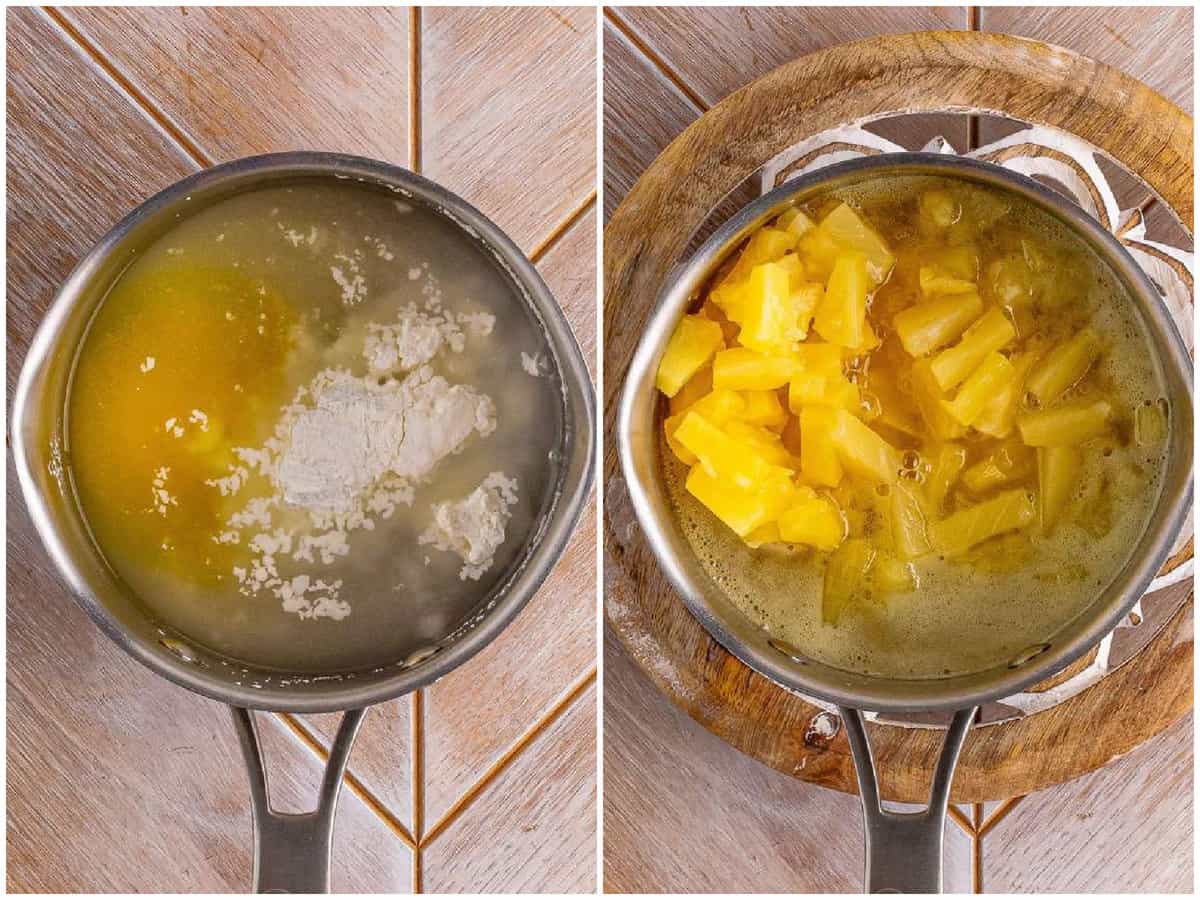 collage of two photos: water, sugar, cornstarch and pineapple jell-o in a sauce pot; pineapple tidbits added to the pot. 