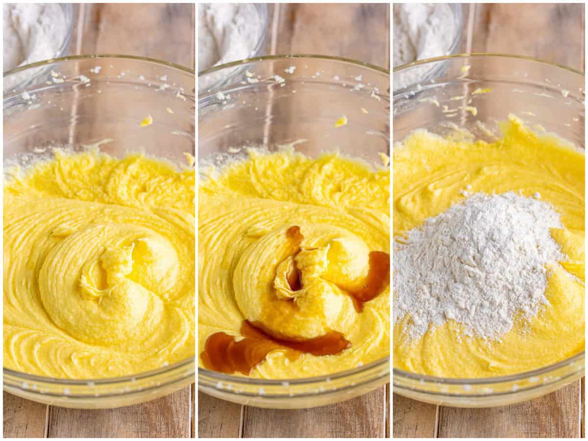 collage of three photos: eggs stirred into butter and sugar mixture; vanilla extract added to batter; flour being added to cake batter. 